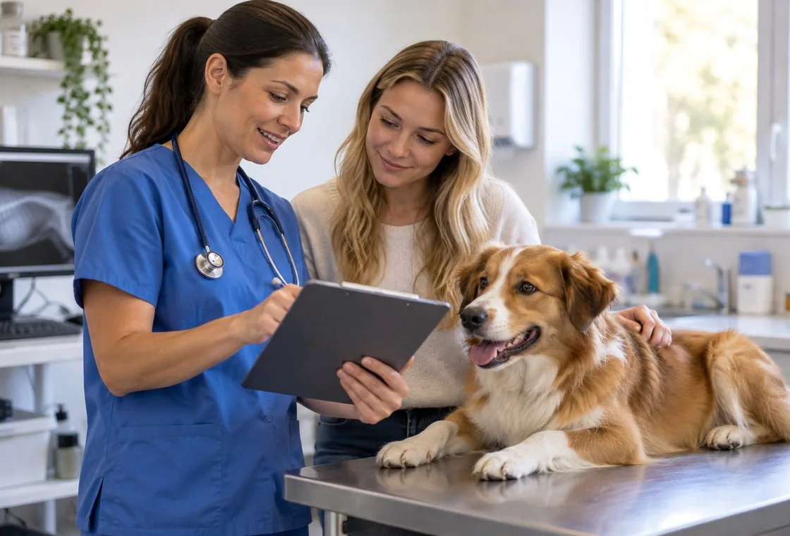 Veterinarian discussing a tablet with an owner beside a dog on the examination table