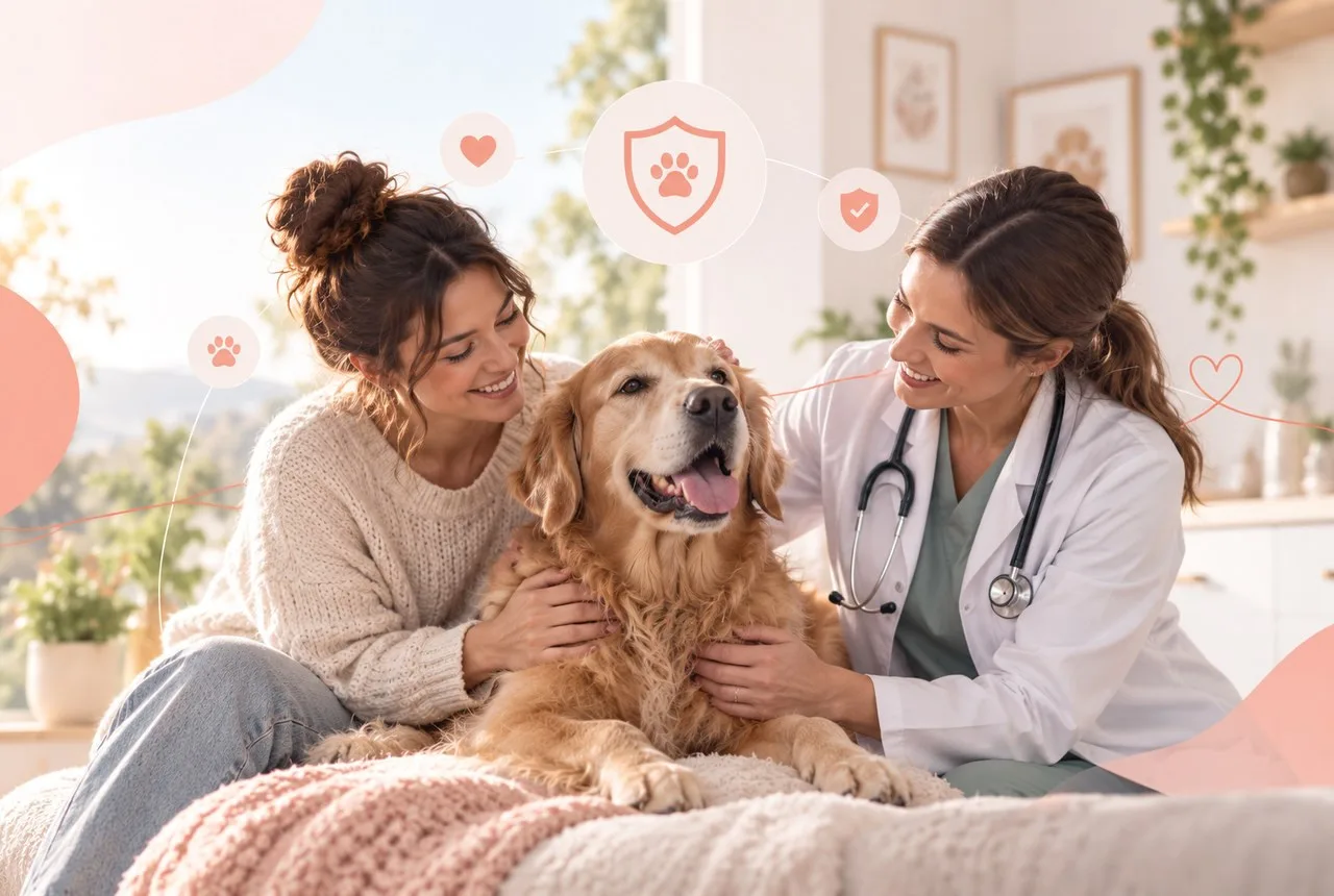 Owner and veterinarian sitting beside a dog during a calm consultation
